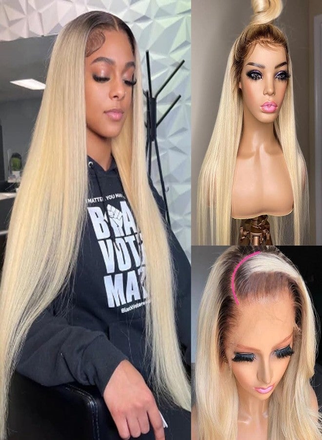Smartinnov Highlight Ash Blonde Wig Human Hair 13x4 HD Balayage Glueless Wigs 150% Density Ash Brown to Platinum Blonde 18/60 with Brown Roots Highlights Lace Front Wigs Human Hair Pre Plucked 18 Inch for Women - Image 1
