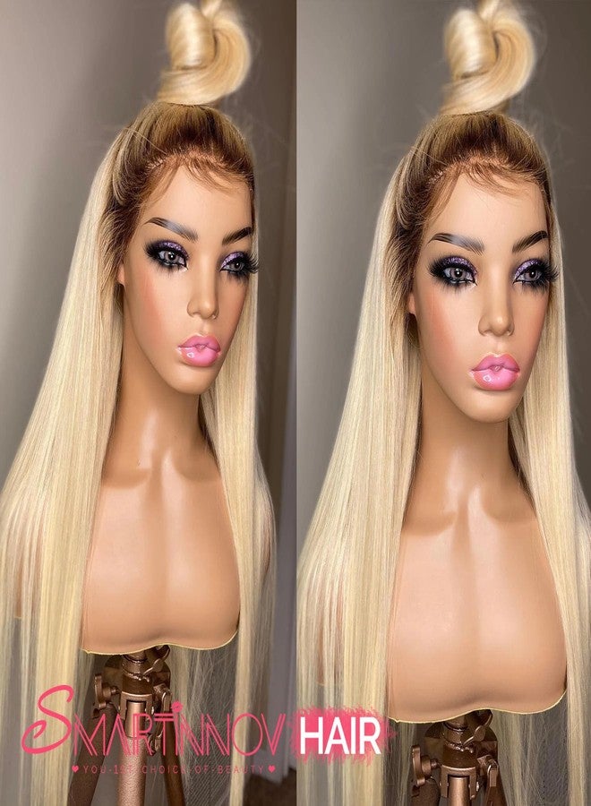 Smartinnov Highlight Ash Blonde Wig Human Hair 13x4 HD Balayage Glueless Wigs 150% Density Ash Brown to Platinum Blonde 18/60 with Brown Roots Highlights Lace Front Wigs Human Hair Pre Plucked 18 Inch for Women - Image 2