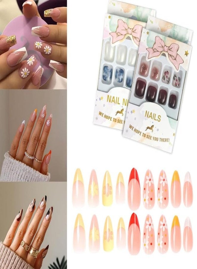 GODFLY Abstract Nails | artificial fake false press on nails light nude pink colour with golden glitter design(12 Pcs/1 Box)(1 PACK) - Image 1