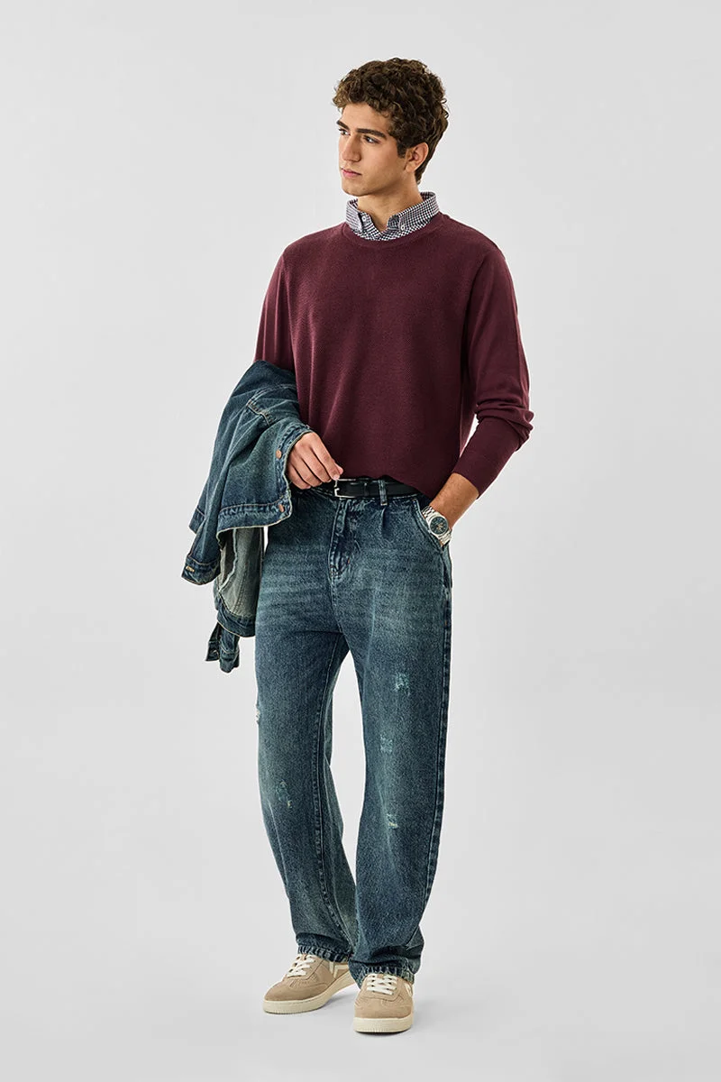 سنيتش Maroon Textured Long Sleeve Regular Fit Sweater