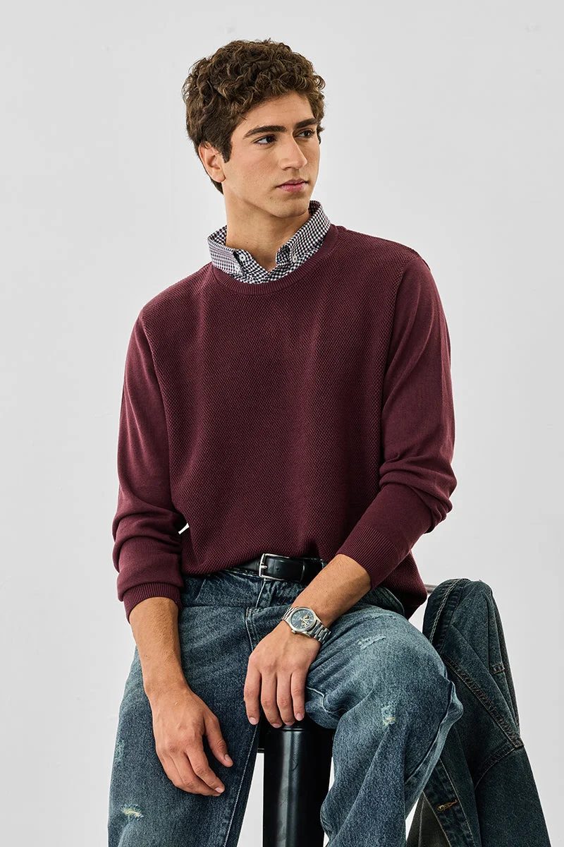 سنيتش Maroon Textured Long Sleeve Regular Fit Sweater