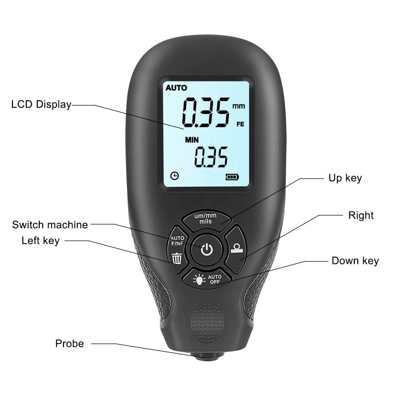 مقياس السماكة 0-2000 ميكرون أسود - مقياس سماكة رقمي مع شاشة LCD سهلة التشغيل لاختبار طلاء السيارات وقياس الأسطح المعدنية - Image 5