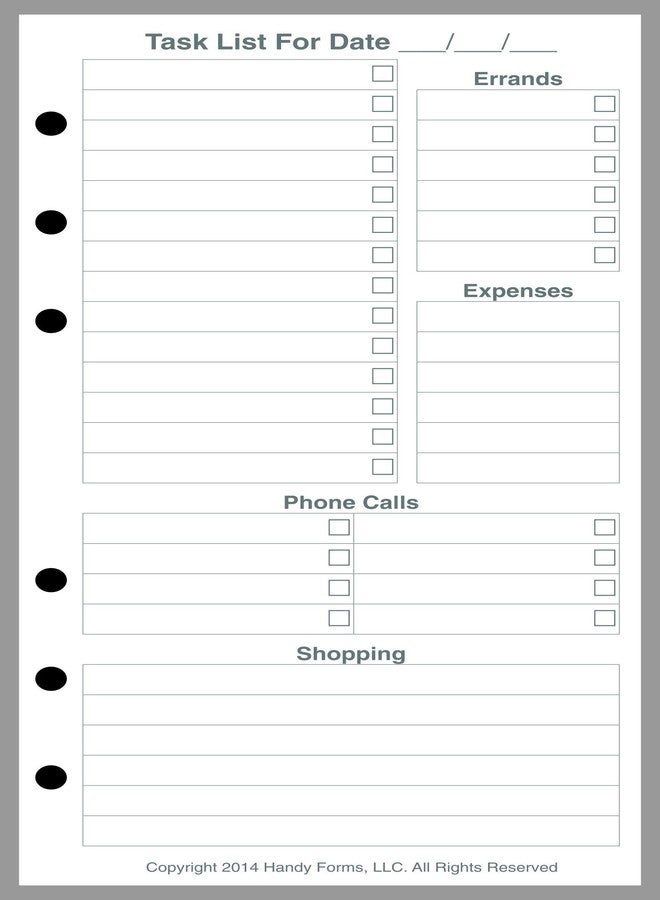 Handy Forms Personal Size Daily Task Planner Insert, Sized and Punched for Filofax Personal Notebook - Image 1