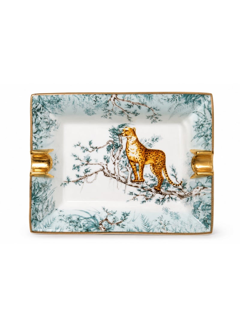Lubinski Luxury Ceramic Cigar Ashtray for Two Slots Heat Resistant Square Tabletop Ash Tray White Cheetah Design for Office Home and Lounge - Image 1