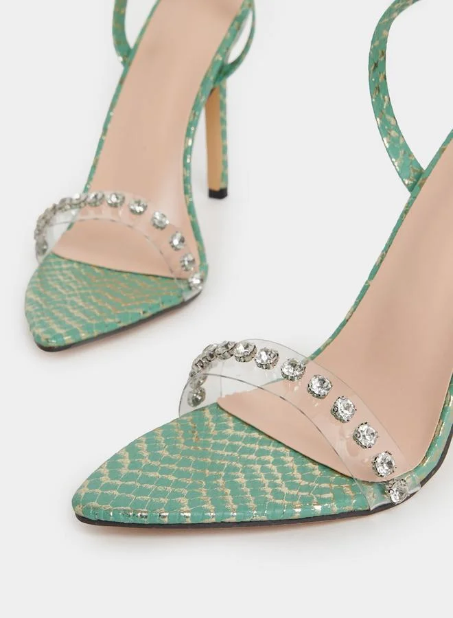Take Two Embellished Transparent Strap Stiletto Heel Sandals by Styli