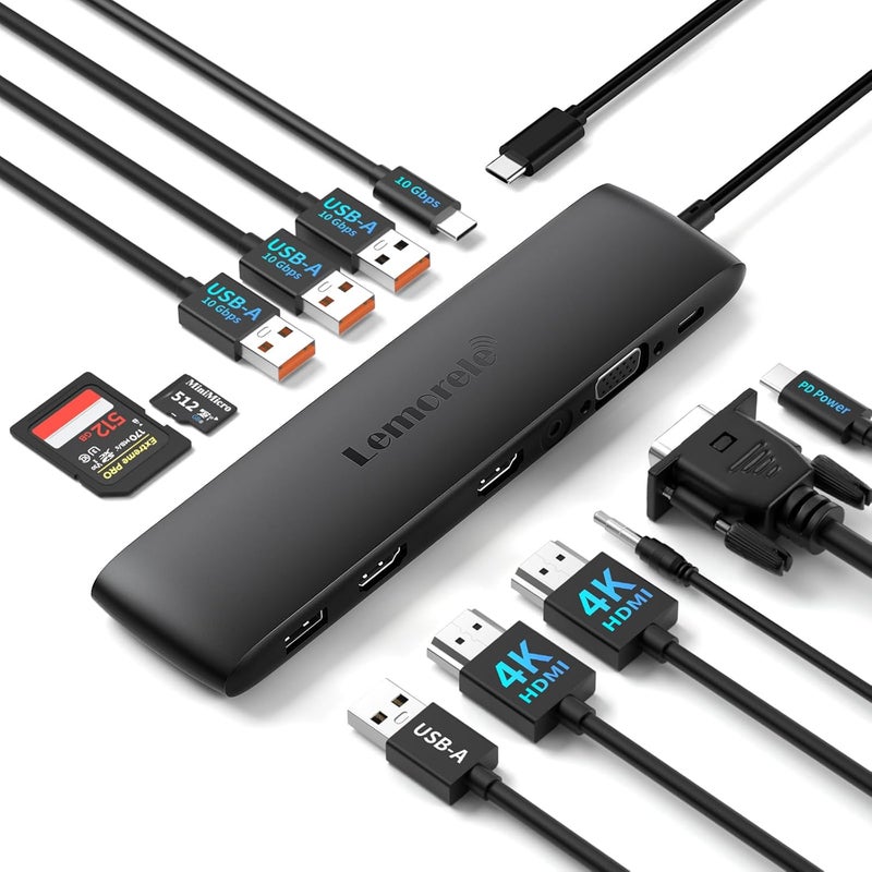 Lemorele محطة إرساء USB-C 12 في 1 تدعم الاتصال بشاشات مزدوجة/ثلاثية عبر 2×HDMI + VGA، 3×USB-A 3.2 Gen1، شحن PD بقوة 100 واط، فتحة بطاقة SD/TF، مناسبة لأجهزة Lenovo وSurface وMacBook - Image 1