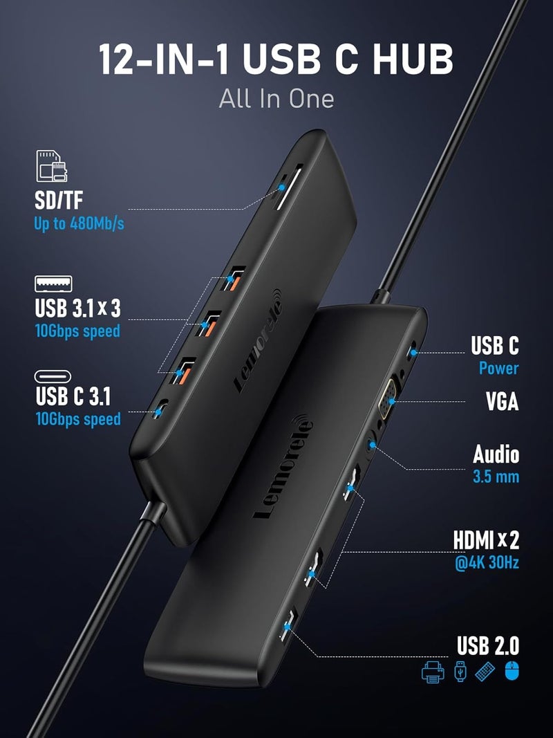 Lemorele محطة إرساء USB-C 12 في 1 تدعم الاتصال بشاشات مزدوجة/ثلاثية عبر 2×HDMI + VGA، 3×USB-A 3.2 Gen1، شحن PD بقوة 100 واط، فتحة بطاقة SD/TF، مناسبة لأجهزة Lenovo وSurface وMacBook - Image 2