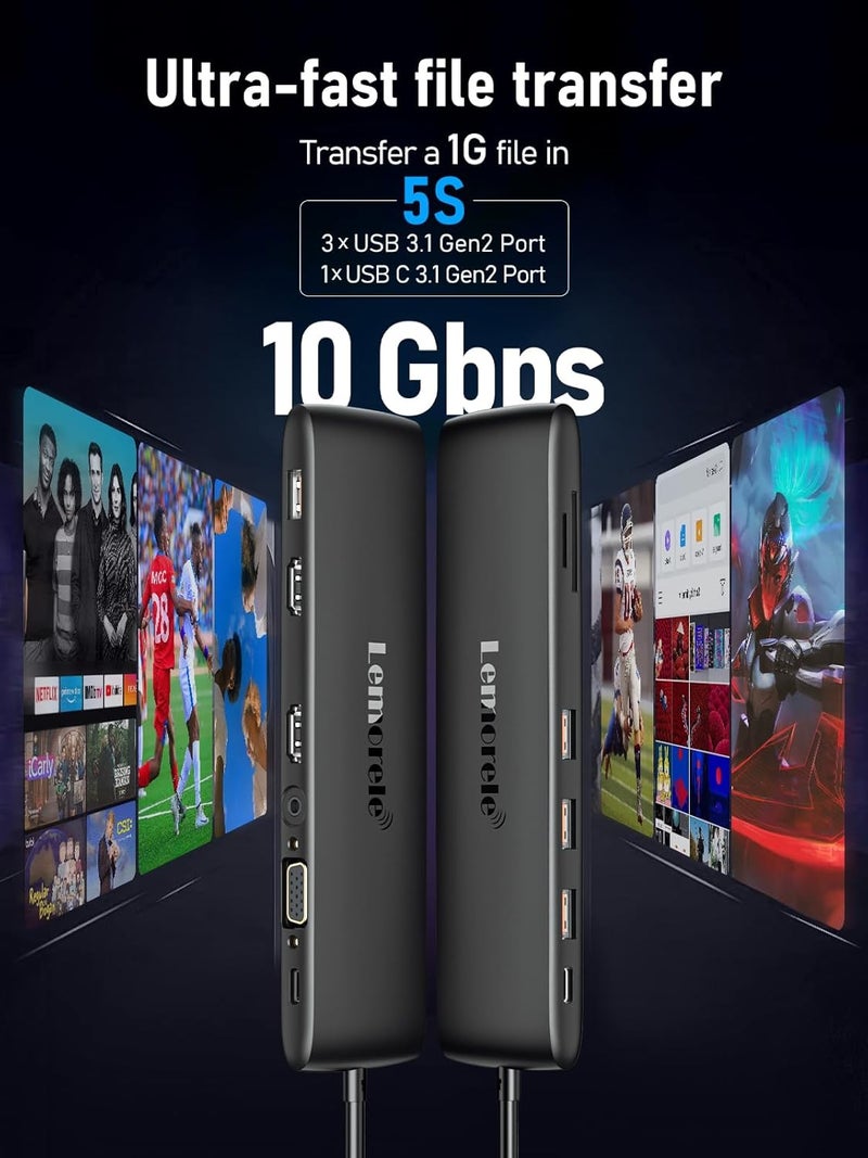 Lemorele محطة إرساء USB-C 12 في 1 تدعم الاتصال بشاشات مزدوجة/ثلاثية عبر 2×HDMI + VGA، 3×USB-A 3.2 Gen1، شحن PD بقوة 100 واط، فتحة بطاقة SD/TF، مناسبة لأجهزة Lenovo وSurface وMacBook - Image 5