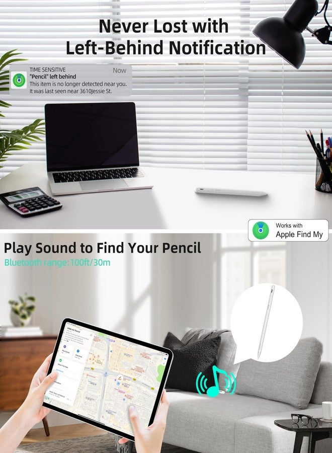 HiWe for iPad Pencil, Anti-Lost Stylus Pen for iPad Pro/iPad Air/iPad/iPad mini 2018-2025, Works with Apple Find My, with Shortcuts to Homepage & Multitasking, USB-C Wired Charge, White - Image 3