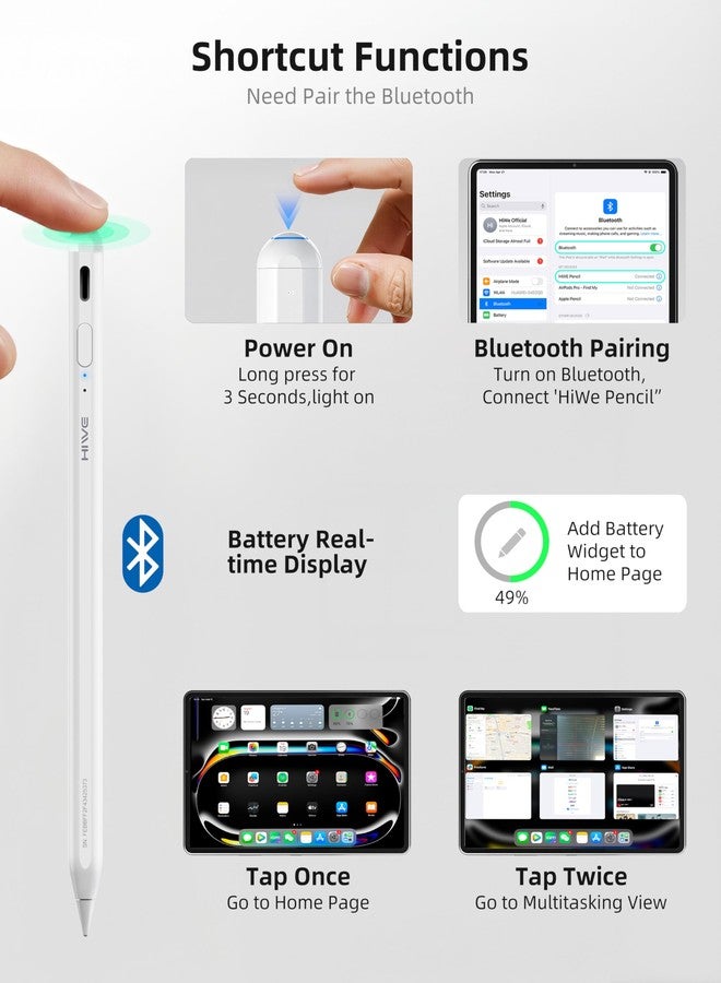 HiWe for iPad Pencil, Anti-Lost Stylus Pen for iPad Pro/iPad Air/iPad/iPad mini 2018-2025, Works with Apple Find My, with Shortcuts to Homepage & Multitasking, USB-C Wired Charge, White - Image 5