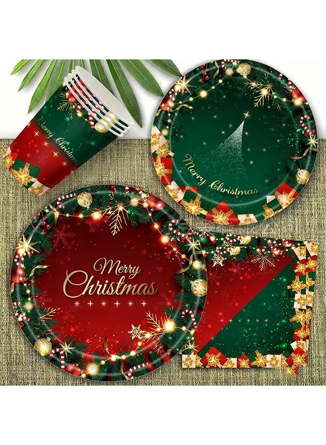 ZVEV Christmas Party Supplies Tableware Set Xmas Party Decoration Christmas Tree Paper Plates Napkins Green Tablecloths Merry Christmas Banner Holiday Disposable Dinnerware Serves 24 Guests - Image 3