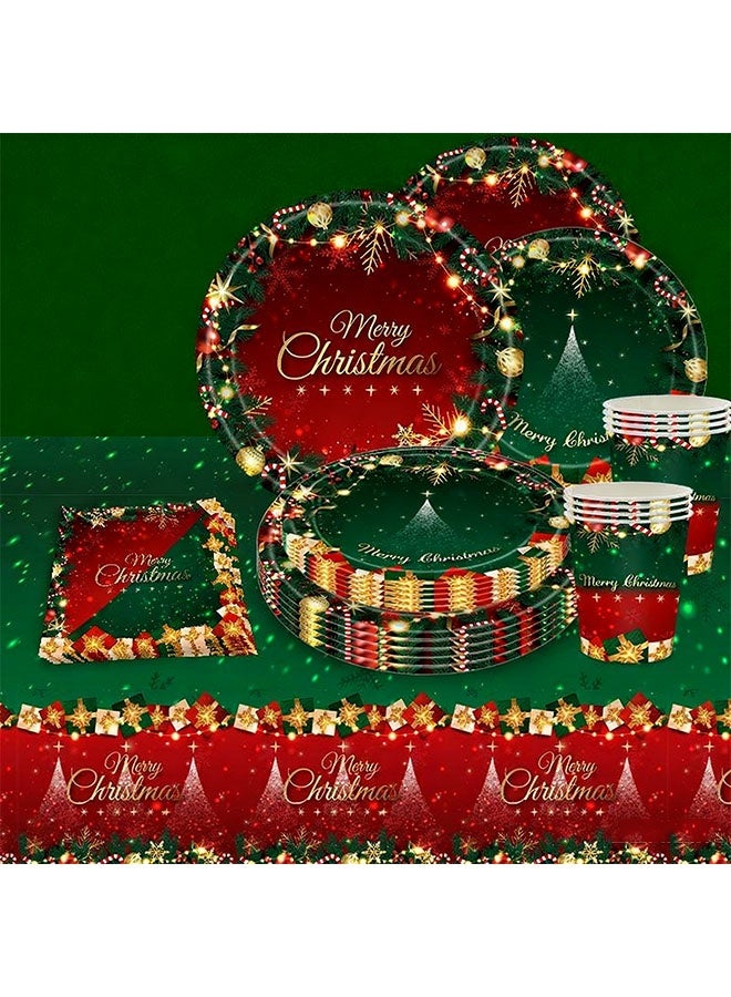 ZVEV Christmas Party Supplies Tableware Set Xmas Party Decoration Christmas Tree Paper Plates Napkins Green Tablecloths Merry Christmas Banner Holiday Disposable Dinnerware Serves 24 Guests - Image 4