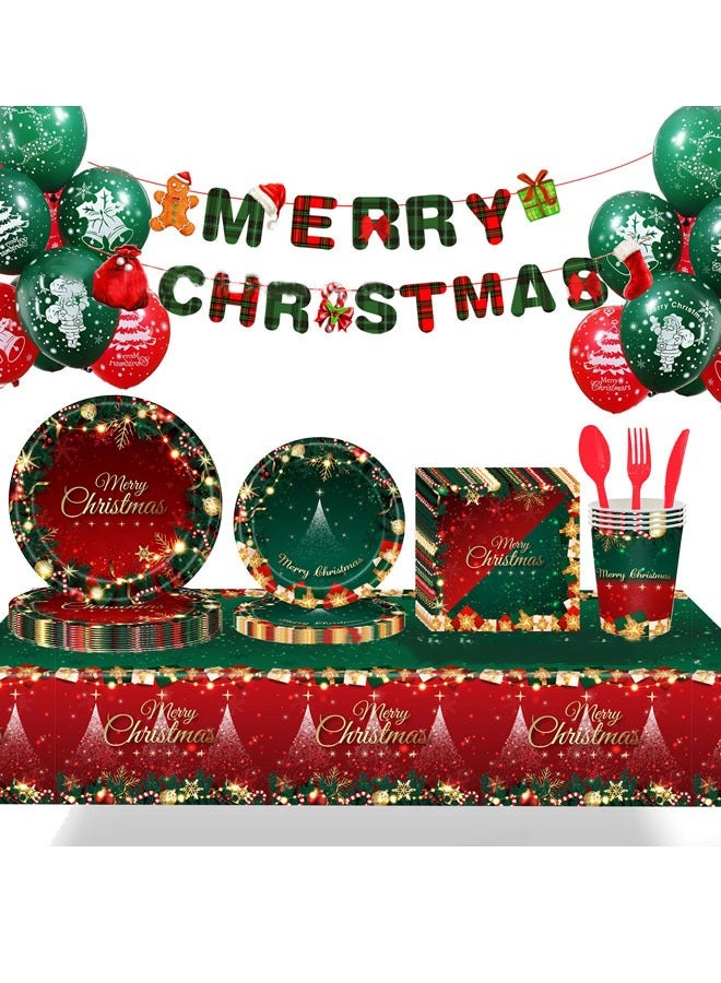 ZVEV Christmas Party Supplies Tableware Set Xmas Party Decoration Christmas Tree Paper Plates Napkins Green Tablecloths Merry Christmas Banner Holiday Disposable Dinnerware Serves 24 Guests - Image 1