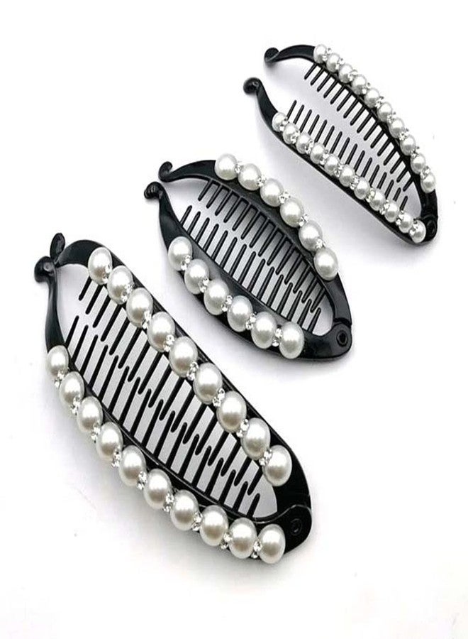 Luzen 3Pcs Faux Pearl Rhinestone French Banana Clip Ponytail Vertical Clip Hair Clincher Hair Comb Fishtail Clip Grips Clamp Headwear Styling Hair Accessories for Women Teen Girls, Black - Image 1