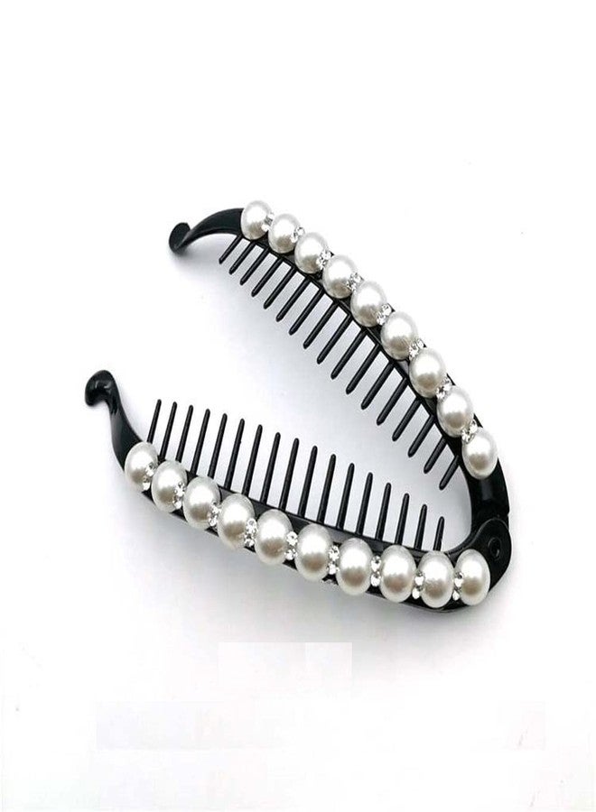 Luzen 3Pcs Faux Pearl Rhinestone French Banana Clip Ponytail Vertical Clip Hair Clincher Hair Comb Fishtail Clip Grips Clamp Headwear Styling Hair Accessories for Women Teen Girls, Black - Image 2