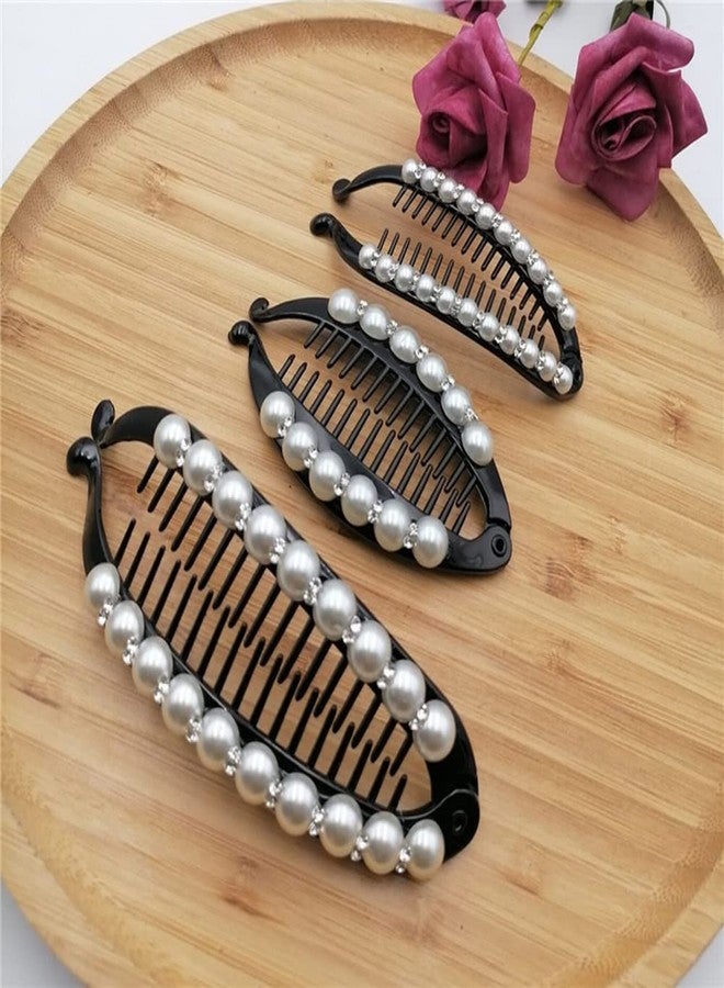 Luzen 3Pcs Faux Pearl Rhinestone French Banana Clip Ponytail Vertical Clip Hair Clincher Hair Comb Fishtail Clip Grips Clamp Headwear Styling Hair Accessories for Women Teen Girls, Black - Image 3