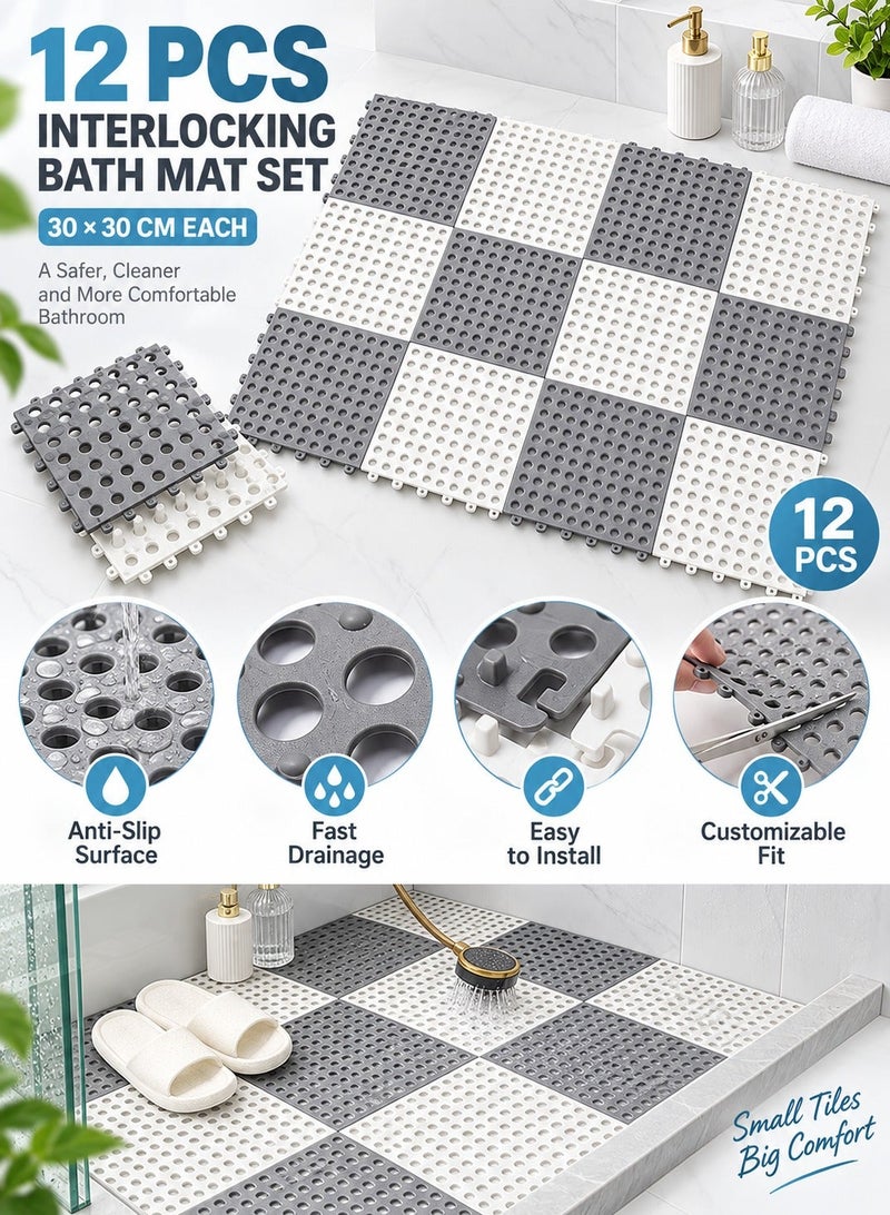 Arabest Shower Mat Floor Mat Bathroom Mat 12-Piece Interlocking Anti-Slip Bathroom Floor Mat Tiles, 30 x 30cm Each, Quick Drain Modular Shower Mats with Drainage Holes, Cuttable Non-Slip Flooring for Shower, Bathroom and Wet Areas, Grey & White - Image 1