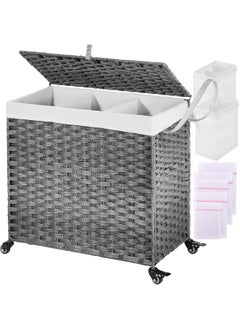 Greenstell  Laundry Hamper With Wheels And Lid, 140L Large 3 Sections Clothes Hamper With 2 Types Removable Liner Bags, 6 Mesh Laundry Bags, Handwoven Divided Laundry Basket Grey