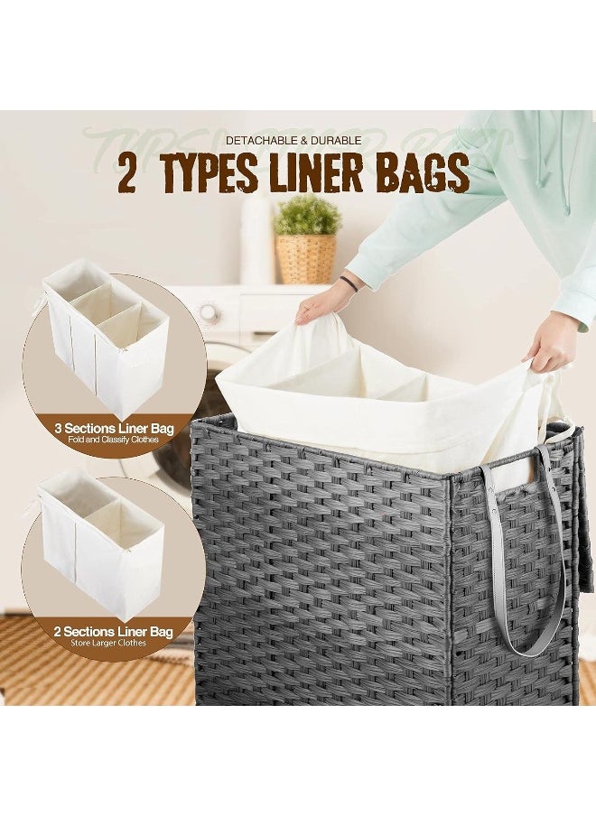 Generic - Greenstell  Laundry Hamper With Wheels And Lid, 140L Large 3 Sections Clothes Hamper With 2 Types Removable Liner Bags, 6 Mesh Laundry Bags, Handwoven Divided Laundry Basket Grey - Image 1