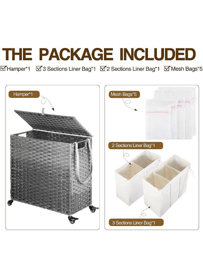 Generic - Greenstell  Laundry Hamper With Wheels And Lid, 140L Large 3 Sections Clothes Hamper With 2 Types Removable Liner Bags, 6 Mesh Laundry Bags, Handwoven Divided Laundry Basket Grey - Image 1