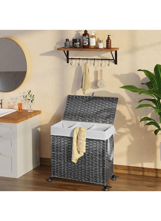 Generic - Greenstell  Laundry Hamper With Wheels And Lid, 140L Large 3 Sections Clothes Hamper With 2 Types Removable Liner Bags, 6 Mesh Laundry Bags, Handwoven Divided Laundry Basket Grey - Image 1