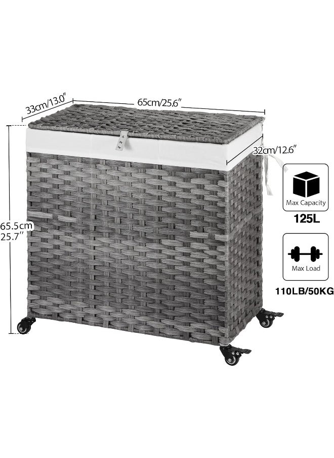 Generic - Greenstell  Laundry Hamper With Wheels And Lid, 140L Large 3 Sections Clothes Hamper With 2 Types Removable Liner Bags, 6 Mesh Laundry Bags, Handwoven Divided Laundry Basket Grey - Image 1