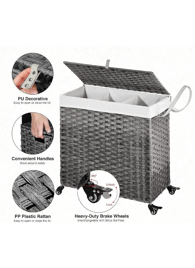 Generic - Greenstell  Laundry Hamper With Wheels And Lid, 140L Large 3 Sections Clothes Hamper With 2 Types Removable Liner Bags, 6 Mesh Laundry Bags, Handwoven Divided Laundry Basket Grey - Image 1