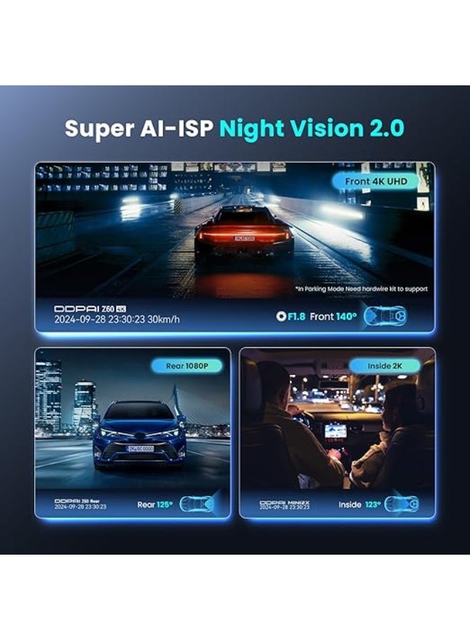 DDPAI 3 Channel Dash Cam for Cars, 4K+2K+1080P Dashcam, up to 15MB/s 5GHz WiFi6 Car Dash Camera with GPS, 32G eMMC, Night Vision AOV 20 Days Parking Monitor ADAS G-Sensor Max Support 512G, Z60 πLink - Image 3