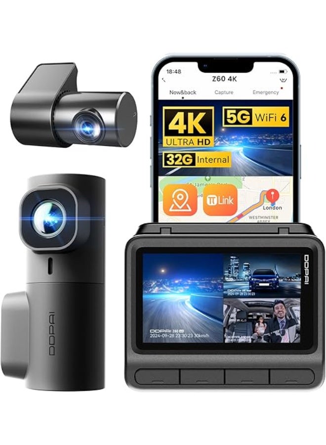 DDPAI 3 Channel Dash Cam for Cars, 4K+2K+1080P Dashcam, up to 15MB/s 5GHz WiFi6 Car Dash Camera with GPS, 32G eMMC, Night Vision AOV 20 Days Parking Monitor ADAS G-Sensor Max Support 512G, Z60 πLink - Image 1