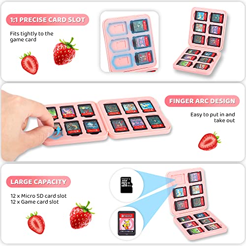 FANPL Game Case Holder for Nintendo Switch 2/OLED/Switch/Lite,12 Game Card and 12 Micro SD Card Slots Portable Storage Case for Switch, Cute Cartridge Box with Hard Shell & Soft Liner-Pink Strawberry - Image 2