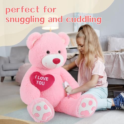 BENINY Red Heart Giant Teddy Bears, Big Teddy Bear Stuffed Animals with Embroidered I Love You for Girlfriend, Huge Valentines Fluffy Teddy Bear Birthday Gifts (Pink, 36 inches) - Image 2