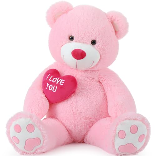BENINY Red Heart Giant Teddy Bears, Big Teddy Bear Stuffed Animals with Embroidered I Love You for Girlfriend, Huge Valentines Fluffy Teddy Bear Birthday Gifts (Pink, 36 inches) - Image 1