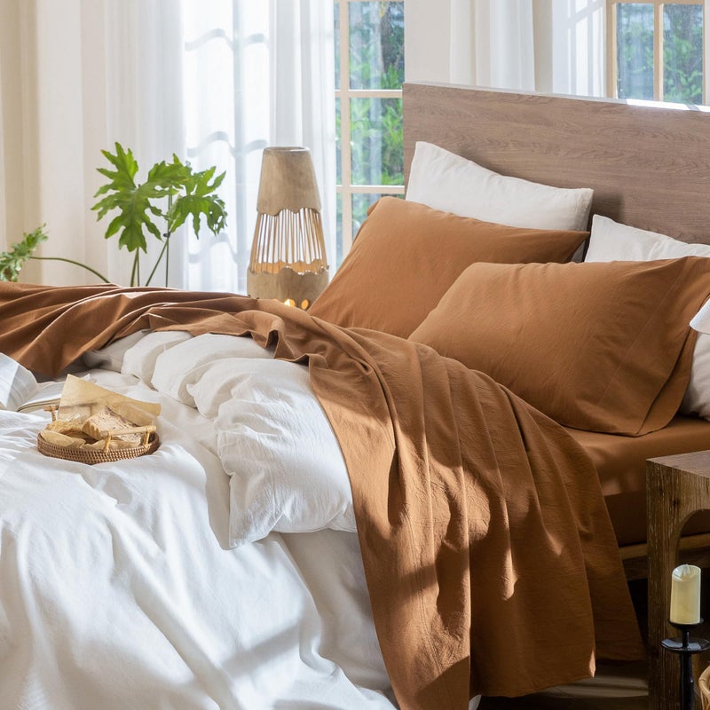 MooMee Bedding Sheet Set 100 Washed Cotton Linen Like Textured Breathable Durable Soft Comfy Solid Dark Orange King