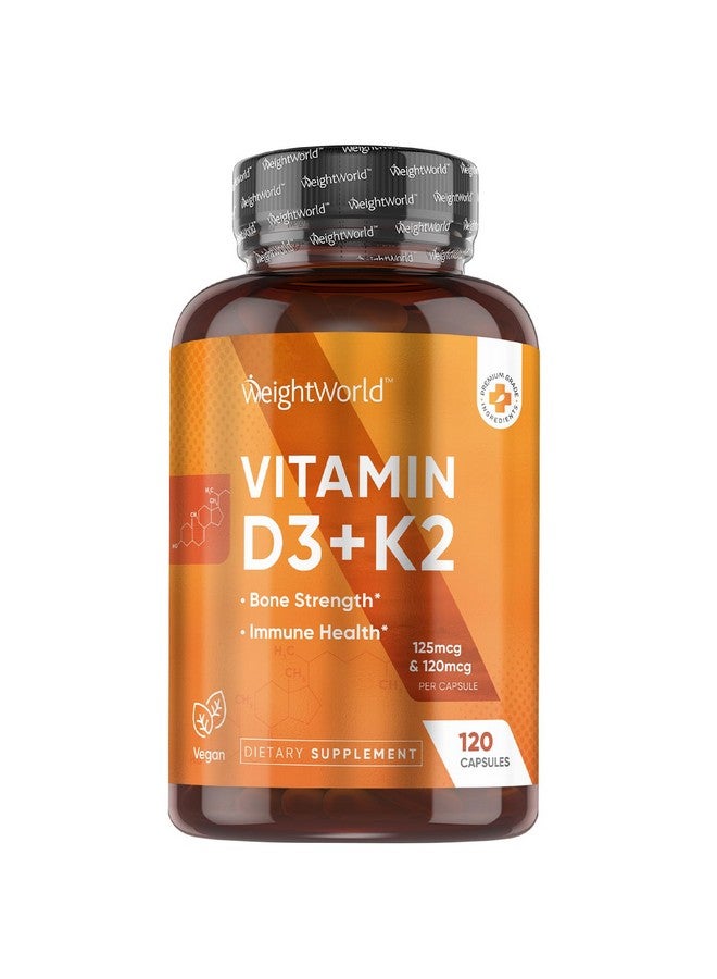 WeightWorld فيتامين د3 ك2 من ويجت وورلد - فيتامين د3 5000 وحدة دولية (125 ميكروغرام) و ك2 MK7 (120 ميكروغرام) - 120 كبسولة (إمداد لمدة 4 أشهر) - مكمل فيتامين د نباتي لتعزيز قوة العظام وصحة المناعة - سهل البلع - Image 1