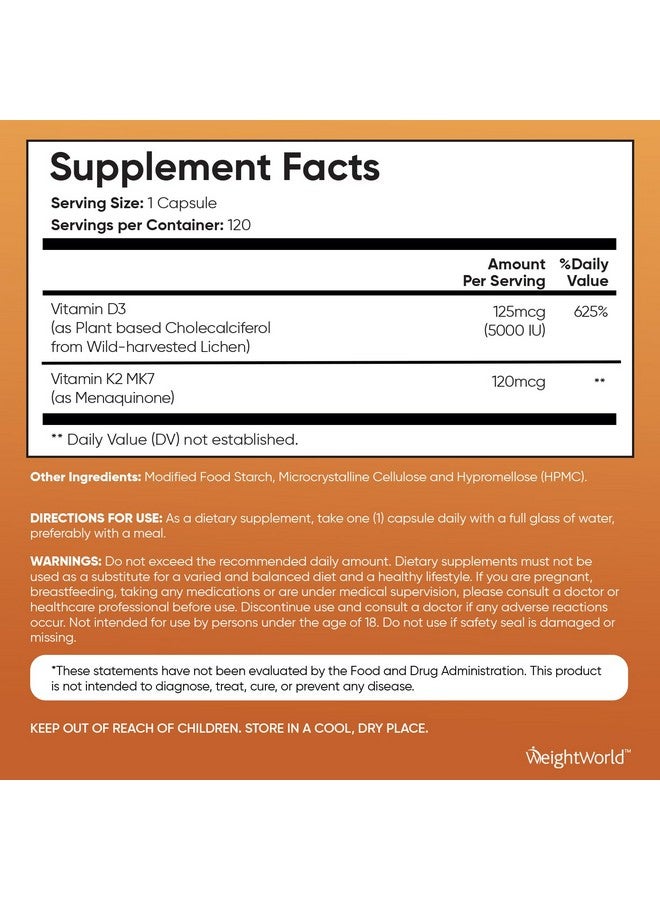 WeightWorld فيتامين د3 ك2 من ويجت وورلد - فيتامين د3 5000 وحدة دولية (125 ميكروغرام) و ك2 MK7 (120 ميكروغرام) - 120 كبسولة (إمداد لمدة 4 أشهر) - مكمل فيتامين د نباتي لتعزيز قوة العظام وصحة المناعة - سهل البلع - Image 5