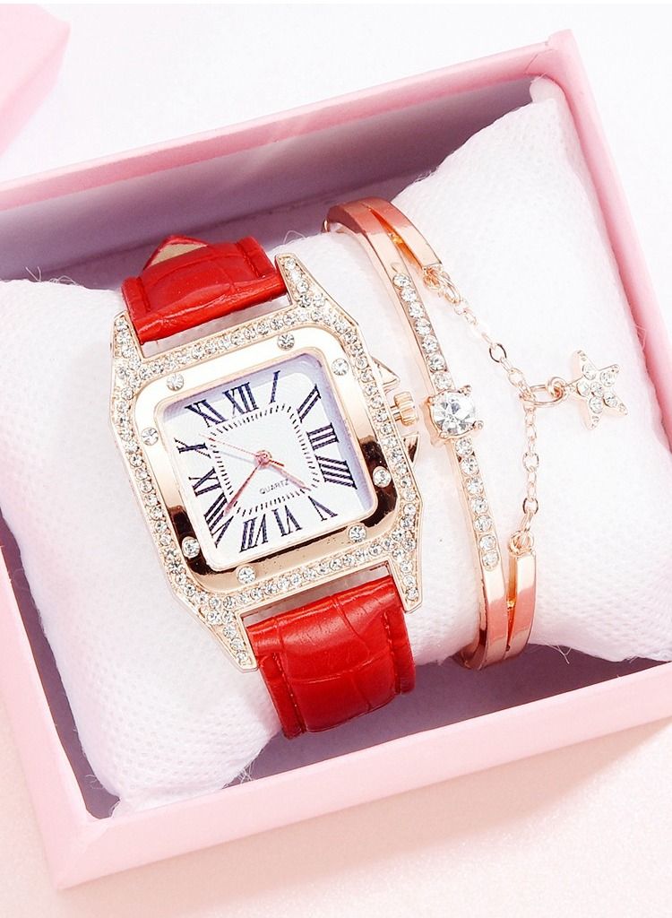 Fashionable bucket shaped square women's quartz watch with exquisite rhinestones on the dial, a two-piece set of watches and bracelets - Image 1
