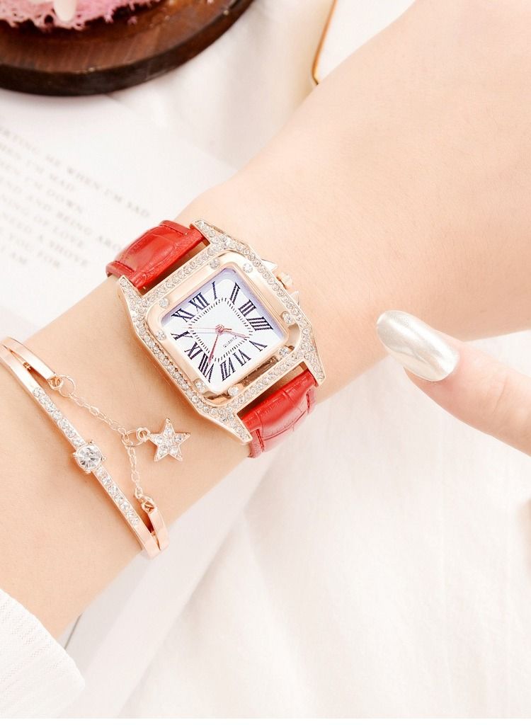 Fashionable bucket shaped square women's quartz watch with exquisite rhinestones on the dial, a two-piece set of watches and bracelets - Image 2