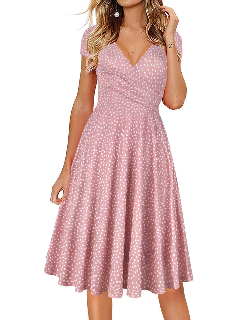 oxiuly Women's Summer Casual Dresses V-Neck Vintage Polka Dot A Line Party Dress OX233 (Pink Dot, l) - Image 1