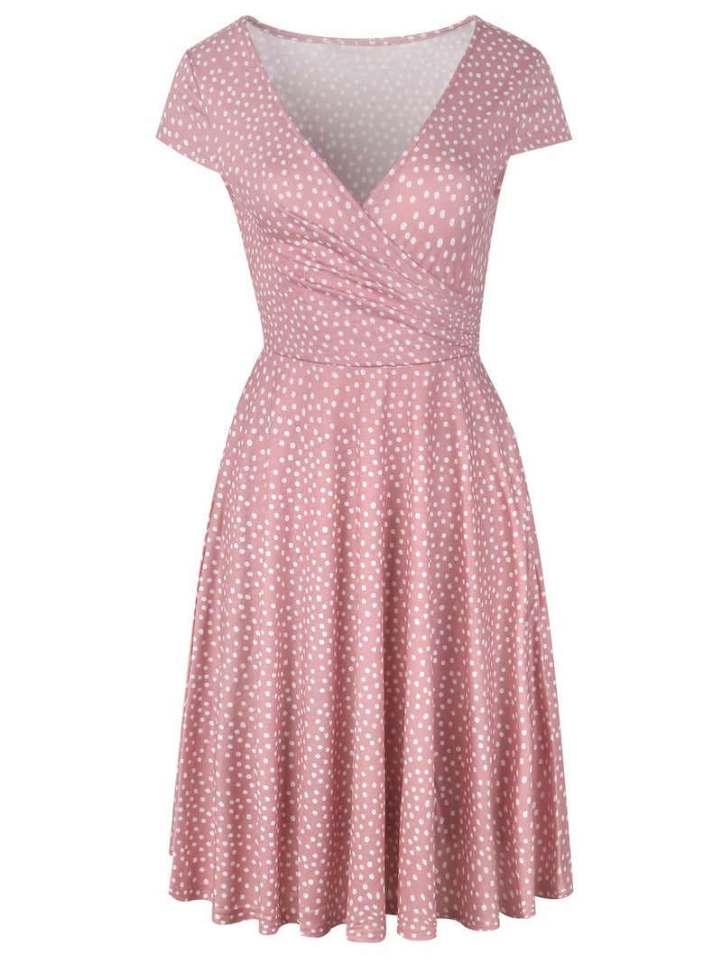 oxiuly Women's Summer Casual Dresses V-Neck Vintage Polka Dot A Line Party Dress OX233 (Pink Dot, l) - Image 2