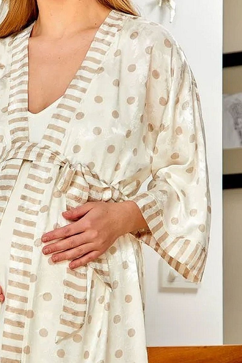 Cossy By Aqua 22546 Maternity Maternity Three Quarter Sleeve Satin Dressing Gown-Cream  - Image 3