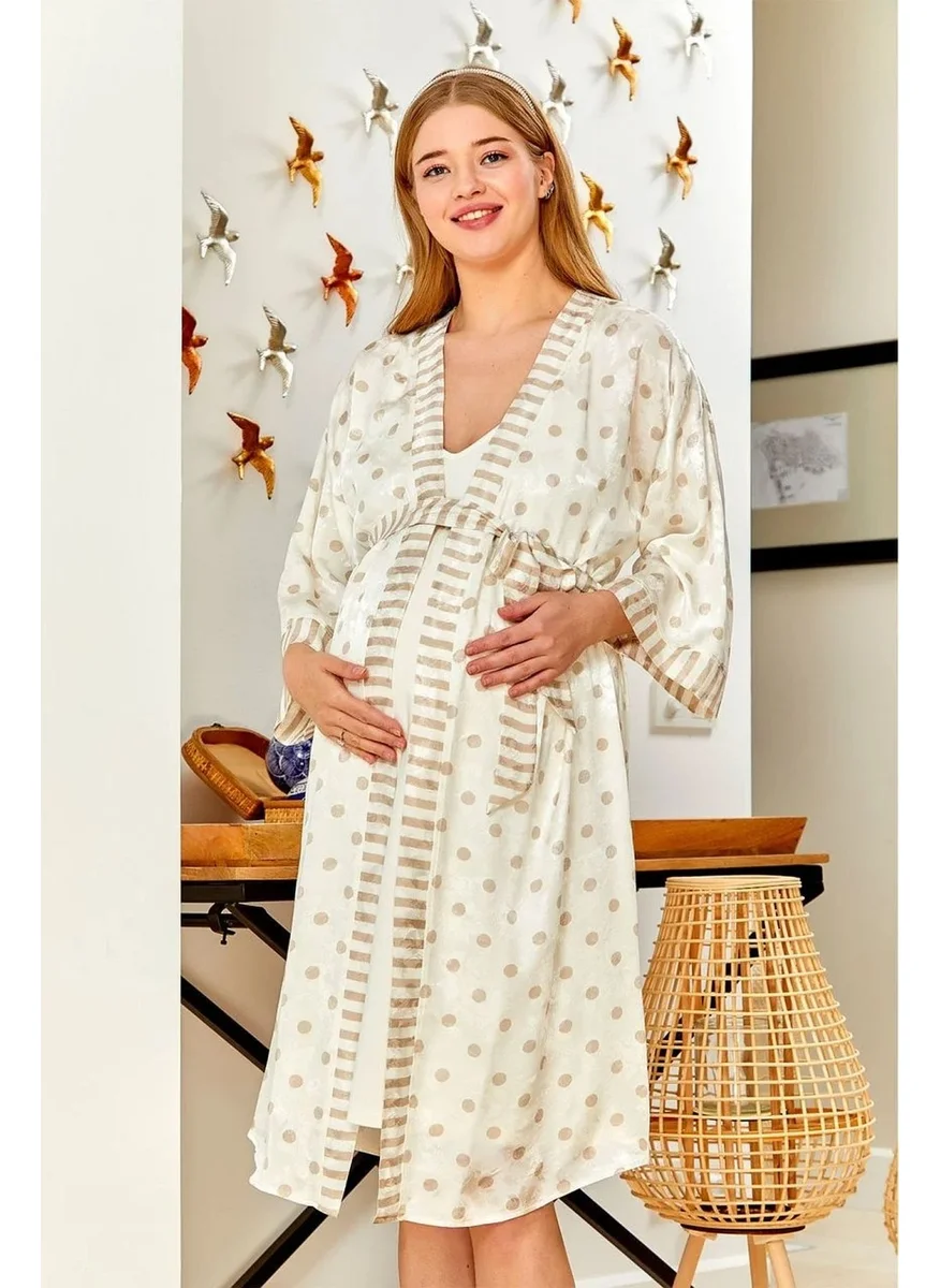 Cossy By Aqua 22546 Maternity Maternity Three Quarter Sleeve Satin Dressing Gown-Cream