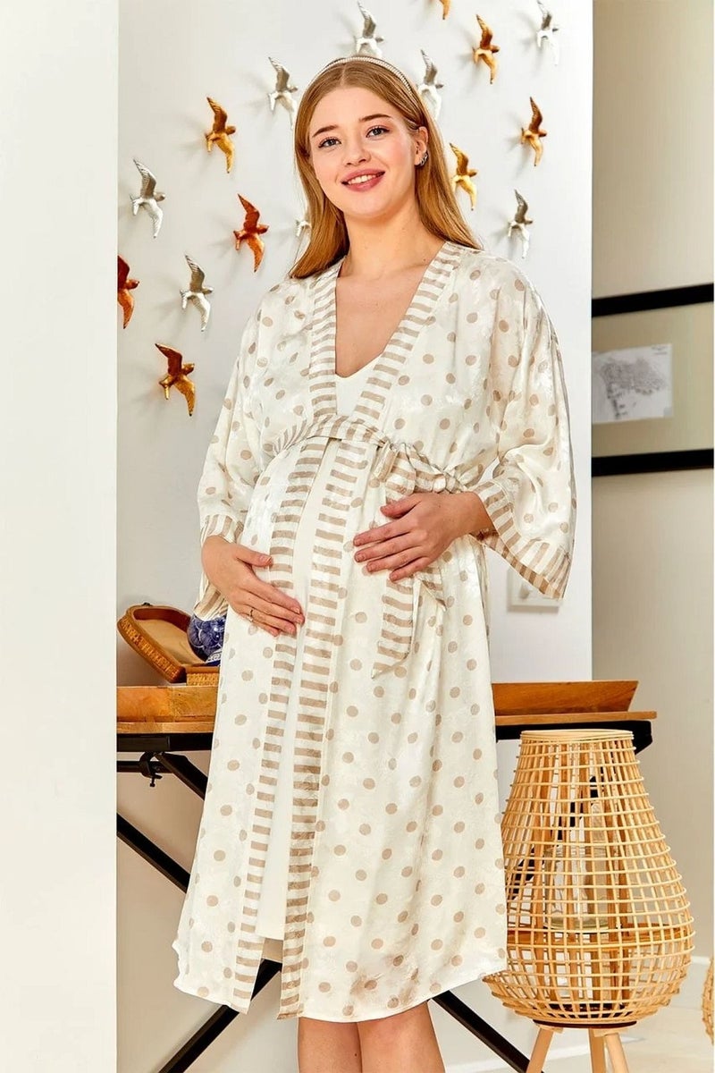 Cossy By Aqua 22546 Maternity Maternity Three Quarter Sleeve Satin Dressing Gown-Cream  - Image 1