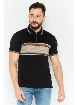 Men Regular Fit Textured Short Sleeves Polo, Black Combo