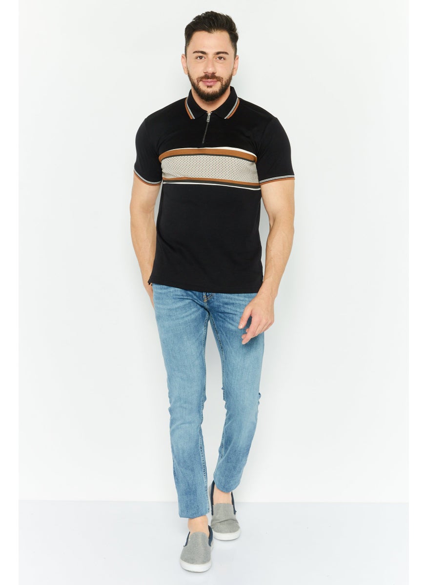 Cactus Man by Ricky Singh - Men Regular Fit Textured Short Sleeves Polo, Black Combo - Image 1