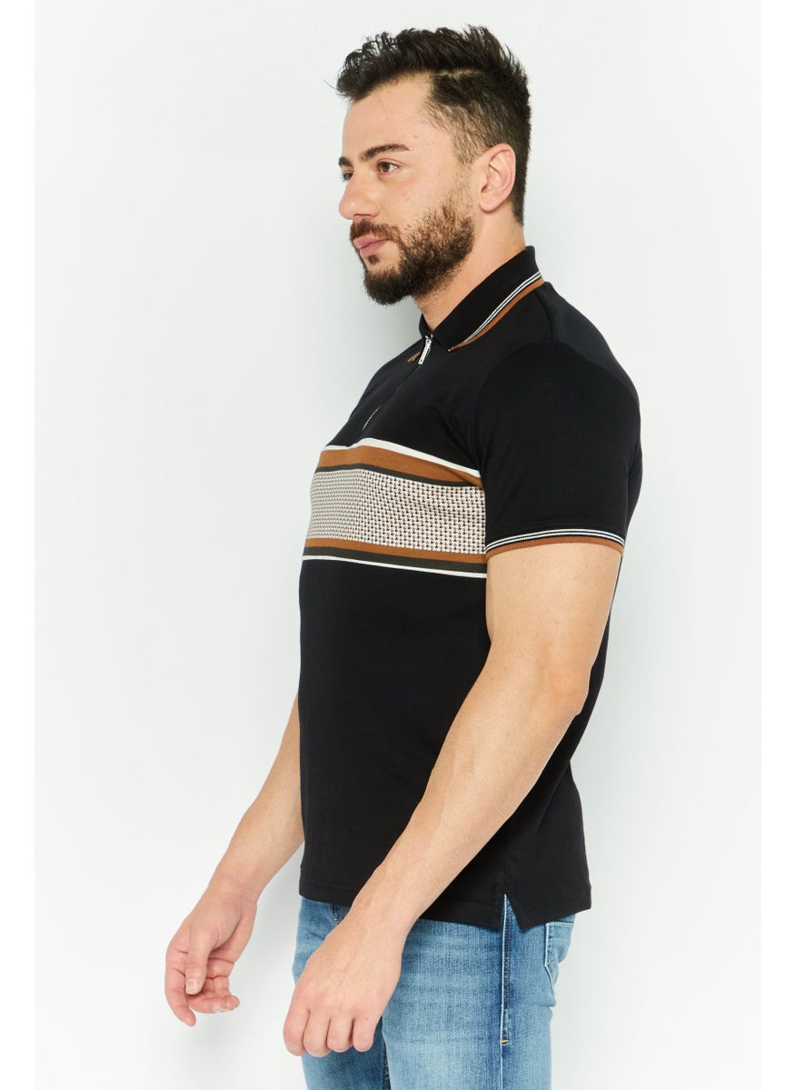 Cactus Man by Ricky Singh - Men Regular Fit Textured Short Sleeves Polo, Black Combo - Image 1