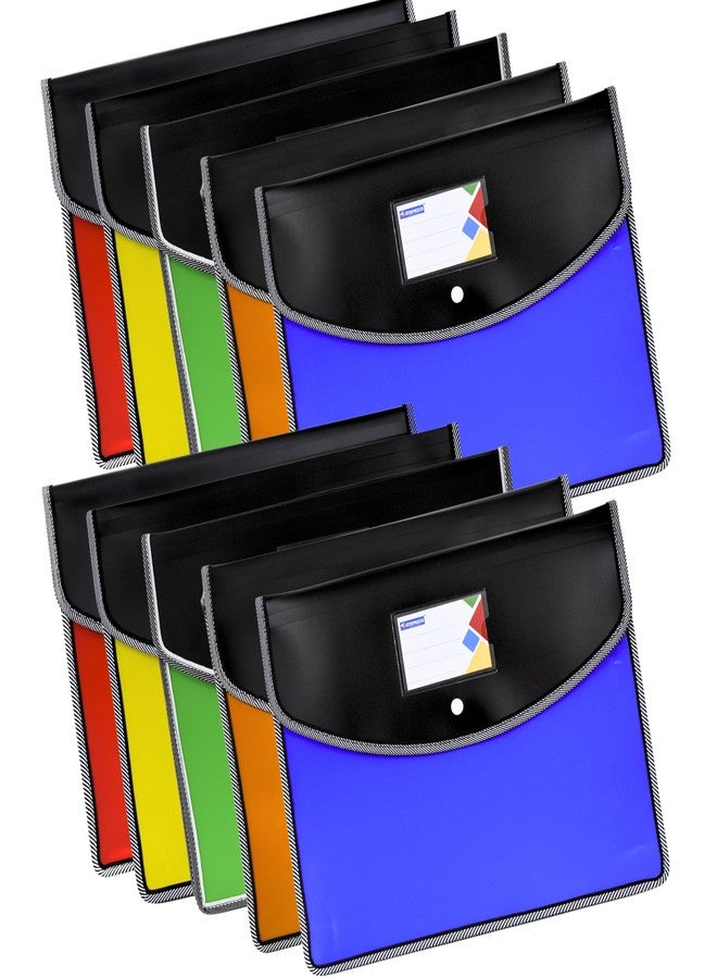 LC Pack of 10 Heavy Duty Expandable Button File Folders - A4/Legal Size Plastic Document Bag Organizer with Name Card Slot, Dual Fluorescent Color, Matt Finish Portfolio Holder for School, Office & Home - Image 1