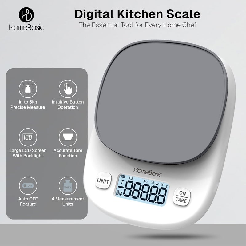 Home Basic Digital Kitchen Weighing Scale 5Kg, High-Precision 1g Accuracy | LCD Display, Tare Function, Multi-Units (g, oz, lb, ml) Portable Weight Machine Food Scale for Cooking Baking Diet (GREY) - Image 2