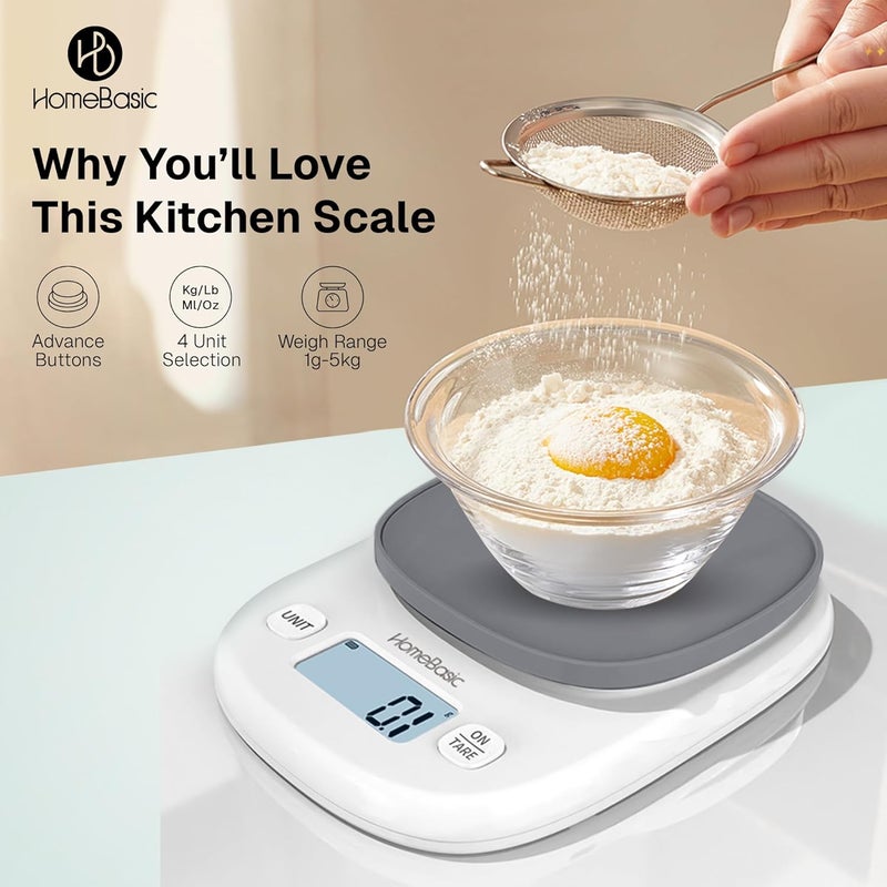 Home Basic Digital Kitchen Weighing Scale 5Kg, High-Precision 1g Accuracy | LCD Display, Tare Function, Multi-Units (g, oz, lb, ml) Portable Weight Machine Food Scale for Cooking Baking Diet (GREY) - Image 5