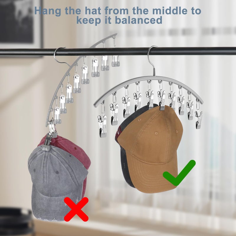 Yecuip Hat Hangers for Closet, Metal Hat Organizer for Baseball Caps 2 Pack Door Hat Racks for Baseball Caps with 10 Large Clips, Baseball Cap Hangers for Closet Storage, Fits All Caps-Grey, Gray - Image 3
