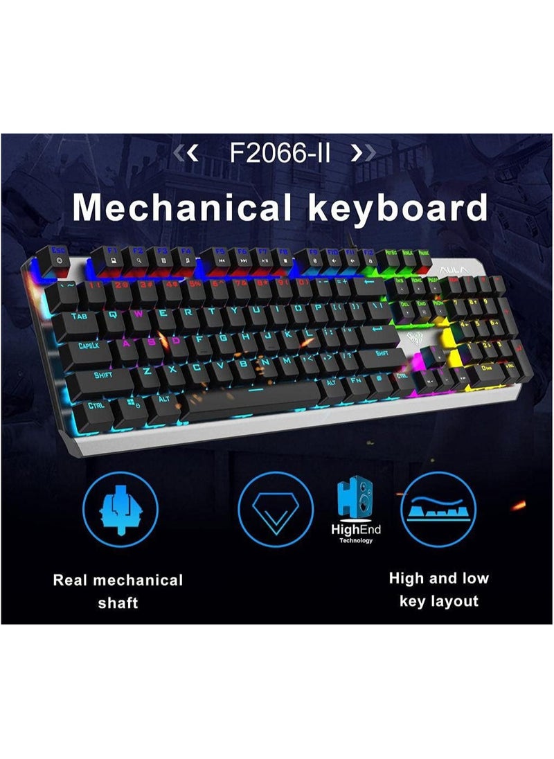 يوتوبيا - كيبورد ألعاب ميكانيكي AULA F2066-II سلكي بإضاءة RGB متعددة الأوضاع، مفاتيح زرقاء، دعم اللغة العربية والإنجليزية، تصميم معدني متين، 104 مفتاح، اتصال USB - Image 1